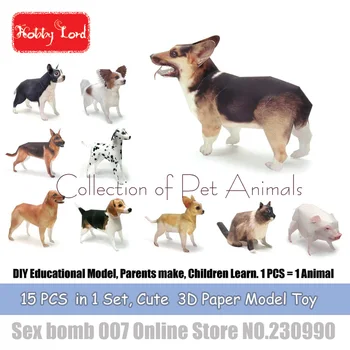 15 VNT. į 1 Augintiniai Gyvūnų 3D Popieriniai Modeliai šuniukas šuo, katė 