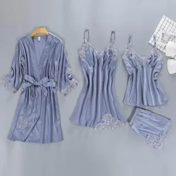 2020 lamaxpa pižama moterims 4 gabalas seksuali pižama kostiumas satino pižamos šilko pižama, miego, poilsio kambarys su krūtinės sleepwear namų kostiumas