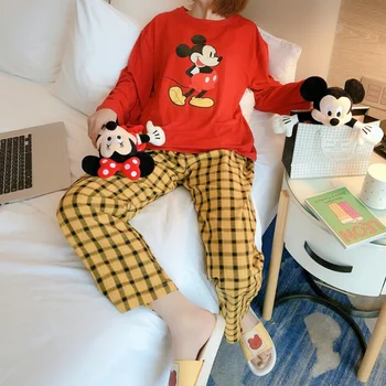 2021 Vasaros Atsitiktinis Mickey Mouse Pajama Komplektai Moteris ilgomis Rankovėmis Pledas Kelnes Sleepwear Pyjama Felmae Homewear Ištaigingas Dėvėti Rudenį