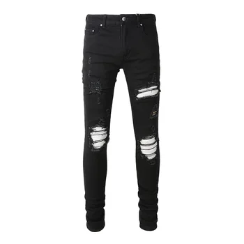 2022 m. naujo dizaino AM mados vyriški džinsai netaisyklingos skylę užlopyti elastinga juoda džinsai vyrams, moterims, high street slim džinsinio audinio kelnės 877