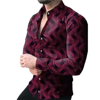 2022 m. pavasarį ir rudenį naujų vyrų mados spausdinimo ilgomis rankovėmis mygtuką marškinėliai geometrinis gradientas viršutinis atvartas marškinėliai