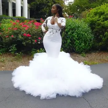 Afrikos Undinė Vestuvių Suknelės, Raukiniai 3D Nėrinių Appliques Plius Dydis Vestuvių Suknelė Iliuzija ilgomis Rankovėmis Vestuvinės Suknelės vestidos
