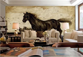 Custom 3D didelės freskos,3D retro nostalgija žemėlapis juodas žirgas ,paveikslai, gyvenamasis kambarys su sofa-lova, TV wall miegamojo sienos popieriaus
