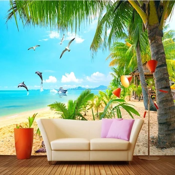 Custom 3D Freskomis Tapetai Beach Sea View Kokoso Medžio Mėlynas Dangus Nuotraukų Siena Medžiaga Kambarį TV, Sofa-Klasikinis Namų Dekoro Plakatas