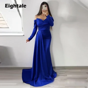 Eightale Royal Blue Vakaro Suknelė Vestuves Satino V-Kaklo, ilgomis Rankovėmis Derliaus arabų Undinė Prom Chalatai Įžymybė