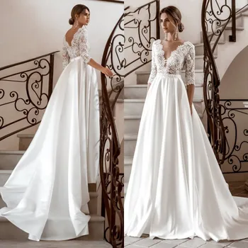 Elegantiškas Long Sleeve Lace Vestuvių Suknelės Kišenės Su V-Kaklo, Satin A-Line vestido de novia Vestuvinės Suknelės Paprastas Moterims