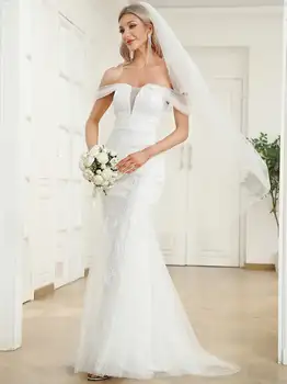 Elegantiškas Vestuvių Suknelės Off Pečius su Giliai V Kaklo Aplikacijos Paslėptas užtrauktukas 2023 Kada nors Gana Linijos Baltos suknelės moterims