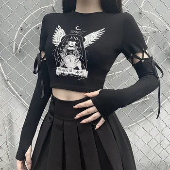 Gotikos T-shirt Moterims, Punk Grafinis Atspausdintas ilgomis Rankovėmis Kratinys Tee Viršūnes Streetwear Sexy Juoda Trumpus Marškinėlius Femme