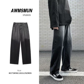 Gradientas Japonijos straight kojų jeans vyriški banga prekės prarasti ins high street juoda nuplauti įrankius plataus kojų tėtis kelnės