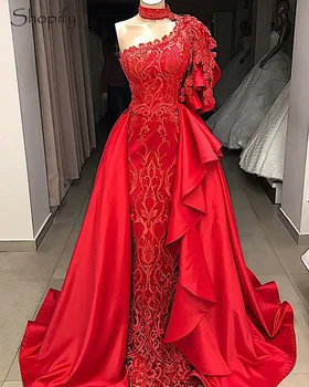 Ilgai Arabų Stiliaus Raudonos Vakarinės Suknelės 2022 Aukšto Kaklo Undinė Puošnios Nėrinių Dubajaus Moterų Oficialią Chalatai Nuimamas Traukinys