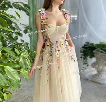 Išskirtinį 3D Gėlės Promenadzie Suknelė Spagečiai Dirželiai Arbata Ilgis Homecoming Suknelės Vakare Gown Brangioji Gėlių Mergaitė Grupė Dress