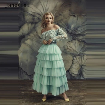 JaneVini 2020 Žavinga Linija Plius Dydis Prom Dresses Ilgai Sleves Nėrinių 3D Gėlės Zawalcowany Tiulio Kulkšnies Ilgis Moterų Suknelė už Promenadzie