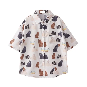 Japonijos Kawaii Fashion Palaidinė Moterų, Mergaičių Cute Cat Graphic Marškinėliai Harajuku 2022 M. Vasarą Balta Atsitiktinis Trumpomis Rankovėmis Mygtuką Viršų