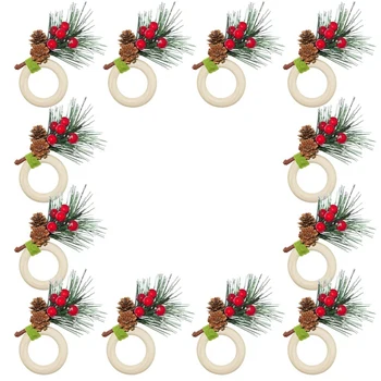 Kalėdų Pušies Kankorėžių Servetėlių Žiedai Rinkinys, 12,Uogų Ir Pušų Spyglių Su Sniego Xmax Servetėlių Laikikliai, Papuošalai