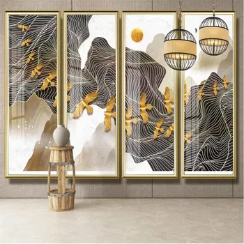 Kinų Stiliaus Naujas Kinų Stiliaus Rašalo Kraštovaizdžio Aukso Linijos Zen Foną Tapetai Gyvenimo Kambario Sienos Audinio tapetų 3D