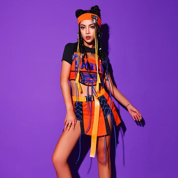 Nauja Hip-Hop Drabužiai Moterims, Oranžinė Streetwear Rave Dėvėti Cheerleader Kostiumai Džiazo Dancewear Etape Kostiumas Šokėja Apranga DL9871