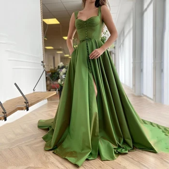 Naujas Atvykimo Green Satino Bustier-Line Promenadzie Suknelė Elegantiškas Dirželiai Vakarinę Suknelę Plius Dydis Padalinta Šalis Suknelė