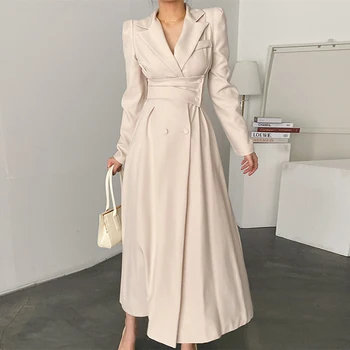 Office Lady Moteris Suknelė Korėjos Pavasario 2022 Moterų Kostiumas Suknelės Aukšto Juosmens-Line Rudenį Įpjovomis Apykaklės Elegantiškas Vestidos Maxi Skraiste
