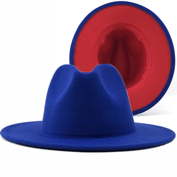 Paprastas Išorinis Mėlynas Vidinis Raudonos Vilnos Veltinio Džiazo Fedora Skrybėlės su Plonu Diržo Sagtis Vyrai Moterys Masto Kraštų Panama Trilby Bžūp 56-58-60CM