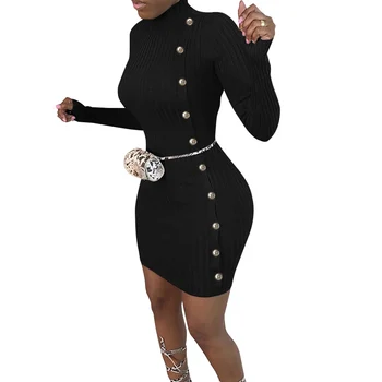 Pavasarį, Rudenį Bodycon Suknelės Ilgomis Rankovėmis Golfo Mini Suknelė Ponios Moterų Mygtuką Vientisos Spalvos Elegantiškas Krepšys Klubo Suknelė 2021 D30