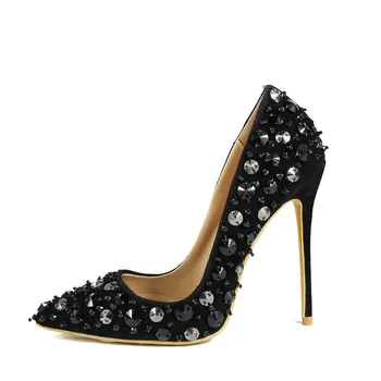 Prabangus dizainas black suede kniedės batai moterų nurodė, kojų siurbliai 12 cm stiletto kulniukai šuoliai šalis, vestuvių bateliai