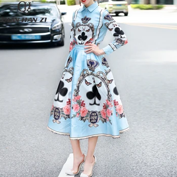 Qian Han Zi dizainerio mados ir elegantiškas dviejų dalių rinkinys Moterims ilgomis rankovėmis marškinėliai, palaidinės + gėlių spausdinti vidutinio ilgio sijonas kostiumas rinkinys