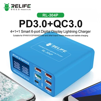RELIFE LR -304P PD3.0+QC3.0 Smart 6 USB, Skaitmeninis Displėjus, Žaibo Įkroviklis Tinka įkrauti visus mobiliuosius telefonus ir tabletės