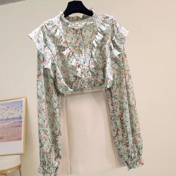 Saldus Stilius Gėlių Moterų Marškiniai Vasaros Naujo Dizaino 2022 Elegantiškas Ruffles Office Lady Outwear Palaidinė Viršūnės