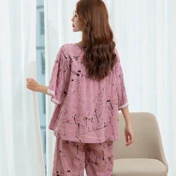 Sleepwear moteris vasarą trumparankoviai Japonijos-dviejų dalių kostiumėlį plonas prarasti didelio dydžio atsitiktinis namuose paslaugų violetinė rožinė nėriniai chalatas