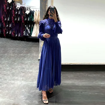 Sumnus Royal Blue Šifono Dubajus Vakaro Suknelės Aukšto Kaklo Nėrinių Appliques Visą Rankovės Juoda Saudo Arabija Oficialią Suknelės su Diržu
