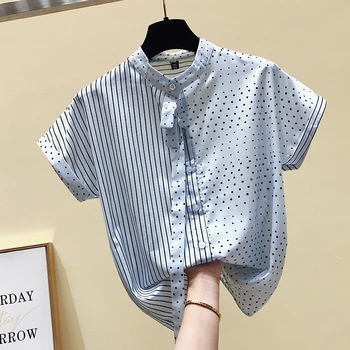 Vasaros Palaidinė Moterims Naujos Polka Dot Dryžuotas Marškinėliai Trumpomis Rankovėmis Temperamentas Lady Šifono Viršuje 2021 Mėlyna Rožinė