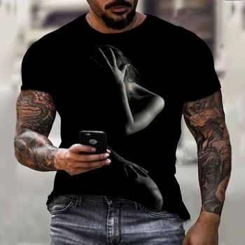 Vyrai atsitiktinis sporto marškinėliai Europos ir Amerikos vasaros mados apvalios kaklo 3D kūrybos mergina trumpas rankovėmis apvalios kaklo marškinėliai vyrams